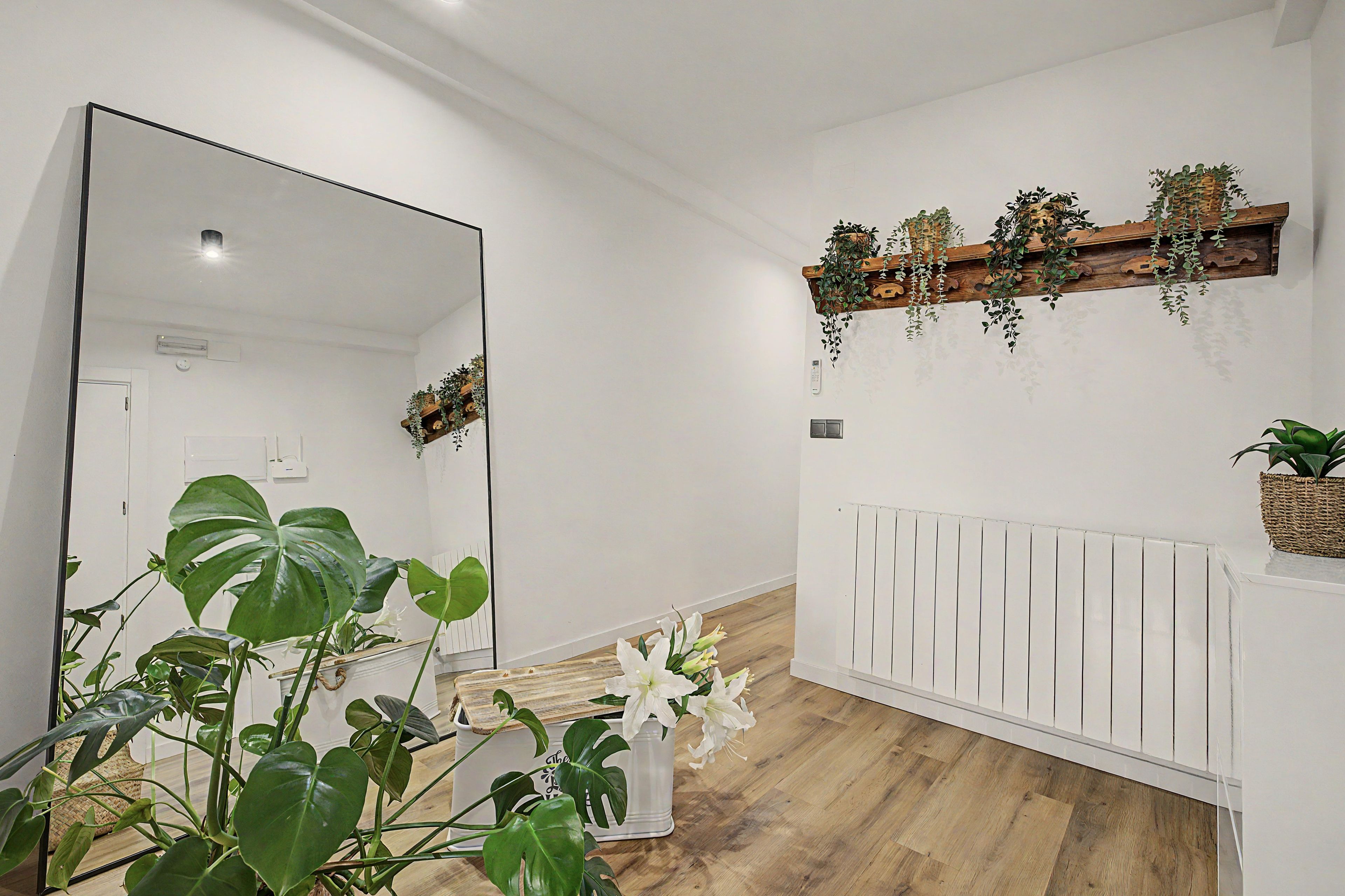 Een hotelkamer met een grote spiegel, houten vloeren, een radiator en verschillende potplanten.