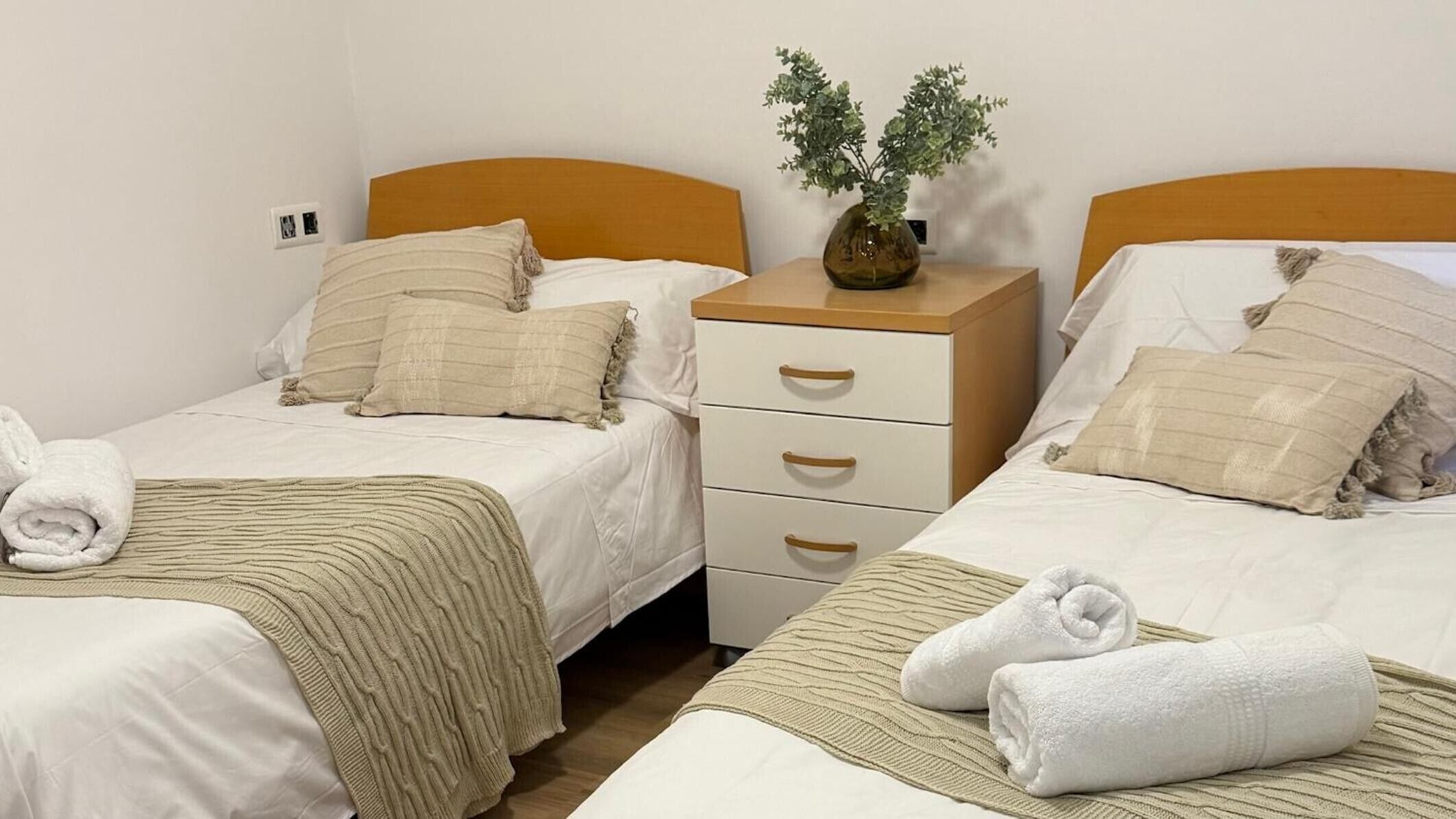 Habitación doble con dos camas, una mesita de noche con cajones, una planta en maceta y toallas enrolladas sobre las camas.