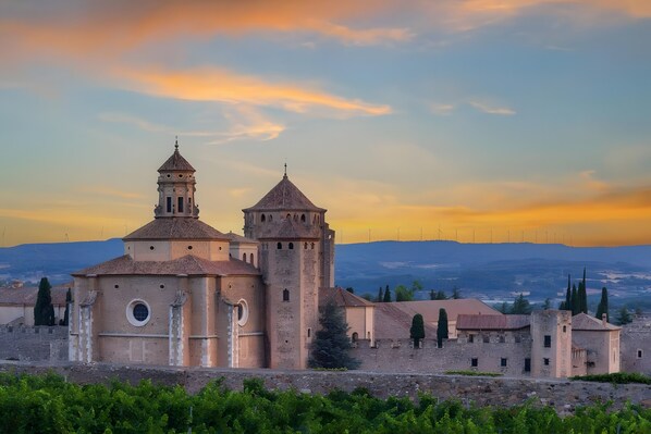 A historic building with a prominent tower and a smaller adjacent structure, surrounded by vineyards. - Apartment 'Rural Ca La Roser' with Private Terrace, Wi-Fi and Air Conditioning (L'Espluga de Francolí)