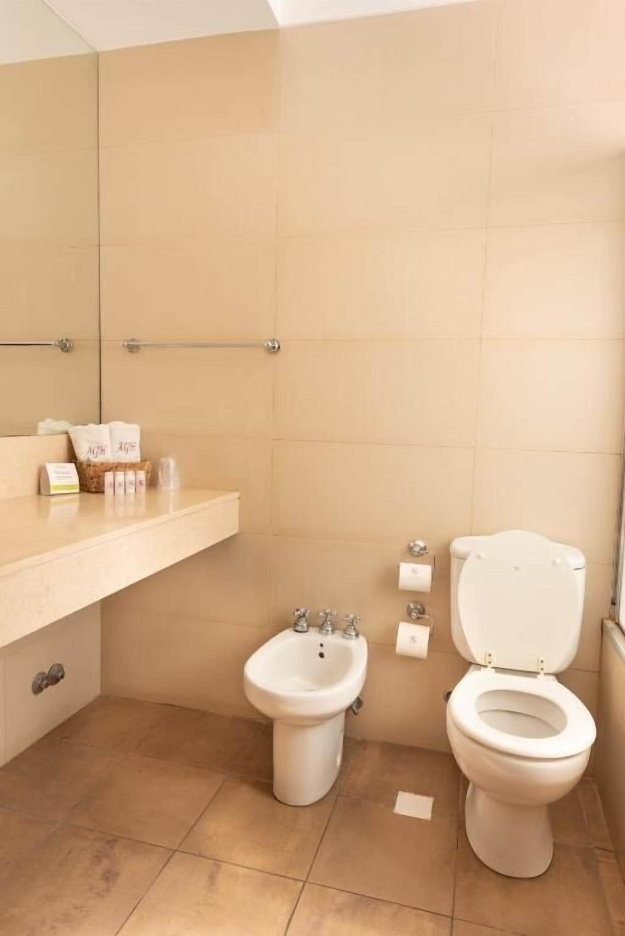 A bathroom with a bidet, toilet, and a mirror.