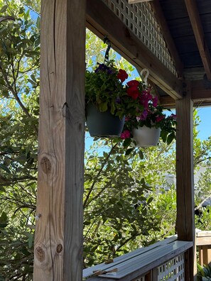 Eine Holzhütte mit hängenden Blumenkästen.