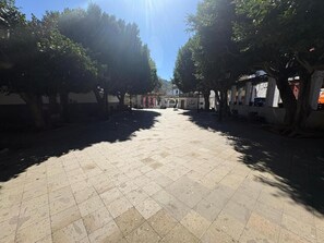 En asfalterad innergård med träd, en byggnad i bakgrunden och en klar himmel.