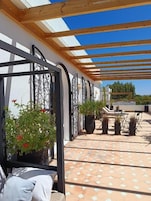 Un patio exterior cubierto con suelo de baldosas, plantas en macetas y una estructura de pérgola de madera.