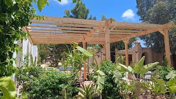 Una pérgola de madera en un jardín con diversas plantas y un edificio de ladrillo al fondo.