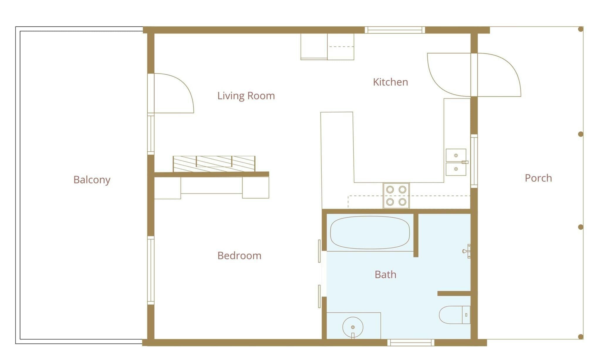 A floor plan with a living room, kitchen, balcony, bedroom, and bathroom.