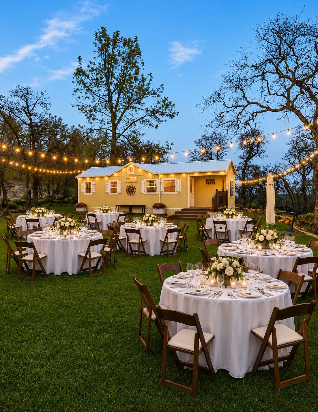 An outdoor dining area with round tables, chairs, and string lights.. Private Wedding Retreat with Casita, Camping and Celebration Space