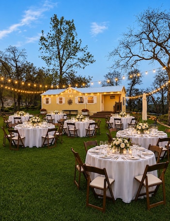 An outdoor dining area with round tables, chairs, and string lights.. Private Wedding Retreat with Casita, Camping and Celebration Space