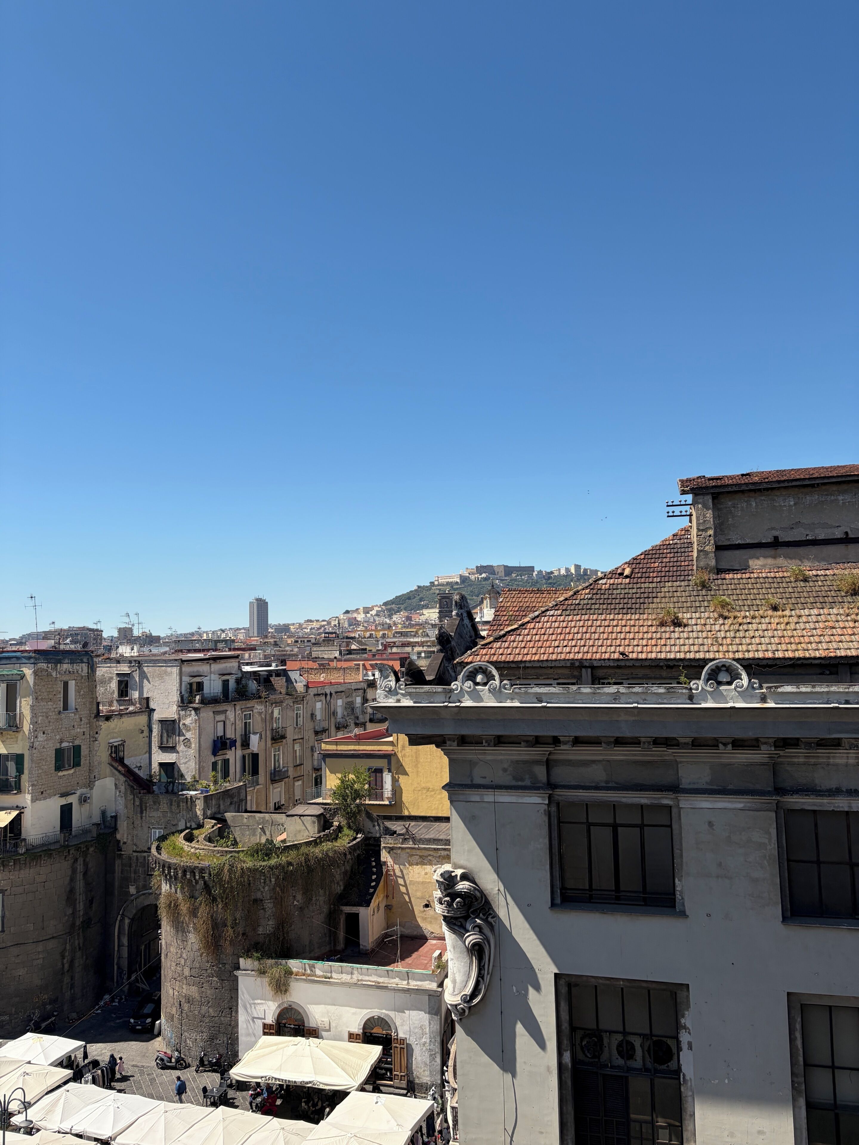 A cityscape with historic buildings, a clear sky, and a view of the city in the distance.
