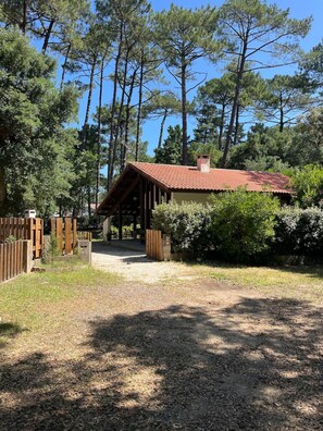 Eine rustikale Holzhütte mit rotem Ziegeldach, umgeben von dichten Kiefern und einem Kiesweg, der zum Eingang führt.