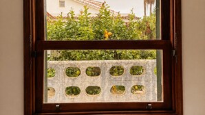 Janela com moldura de madeira e vista para um edifício e vegetação.