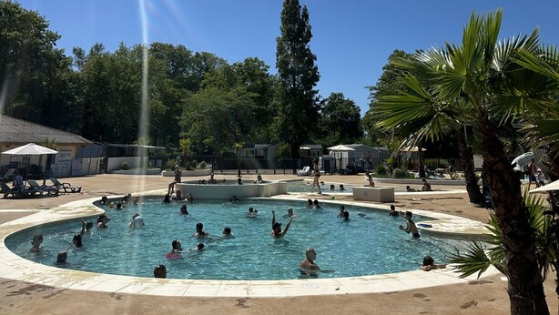Une piscine circulaire où des personnes nagent et prennent des bains de soleil, entourée de palmiers et surplombée d’un ciel bleu clair.
