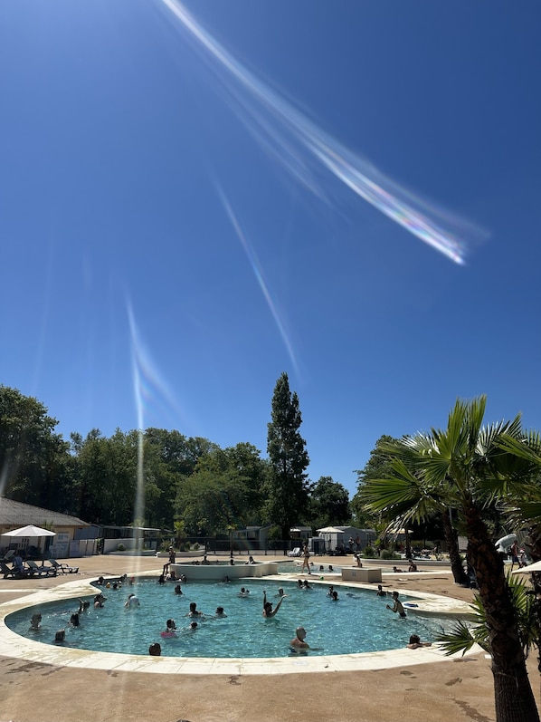 Ein kreisförmiger Pool mit Schwimmern und Sonnenanbetern, umgeben von Palmen und wolkenlosem, blauem Himmel.
