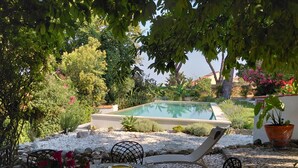 Uma área de refeições ao ar livre com piscina, rodeada por vegetação e plantas em vasos.