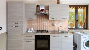 Una cucina compatta con fornello a gas, forno, lavello e lavatrice.