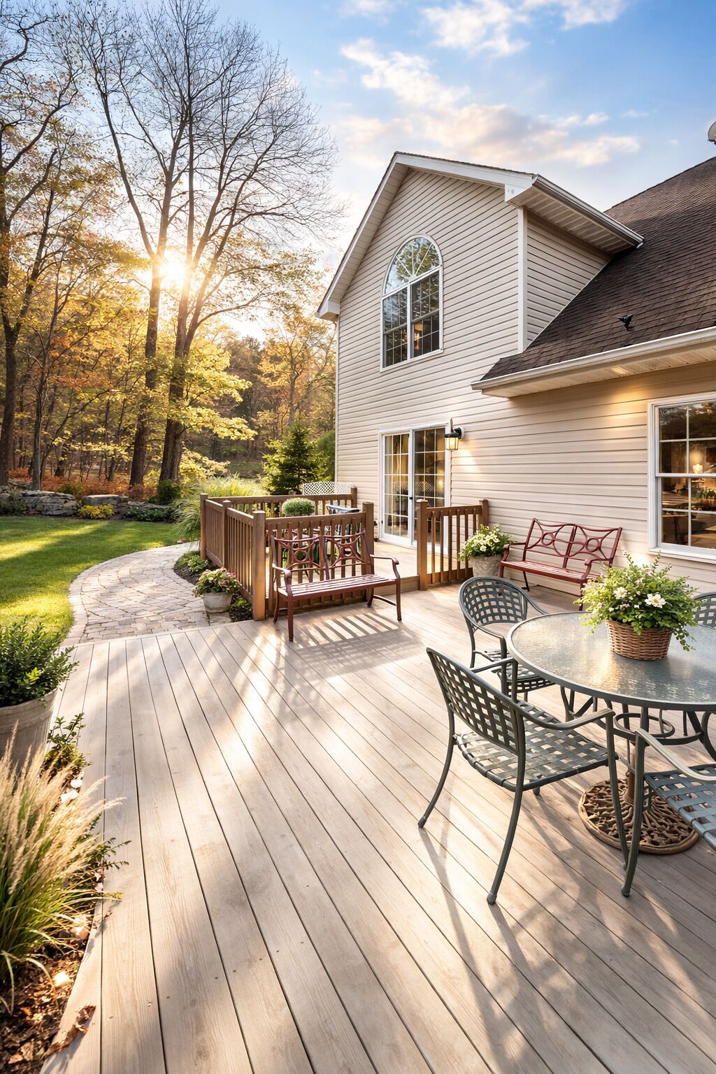 A house with a deck, outdoor furniture, and a garden.