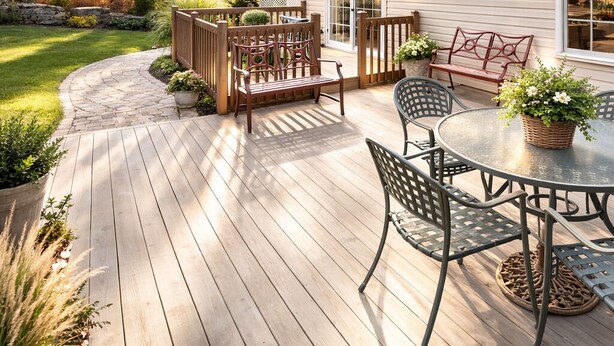 A house with a deck, outdoor furniture, and a garden. - Perfect Pocono Retreat / Golf / FirePit /Swimming Pool/BBQ near Waterparks (Tobyhanna)