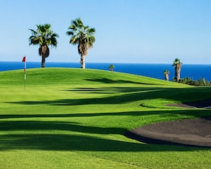 Ein Golfplatz mit einer Fahne, Palmen und Blick auf den Ozean.