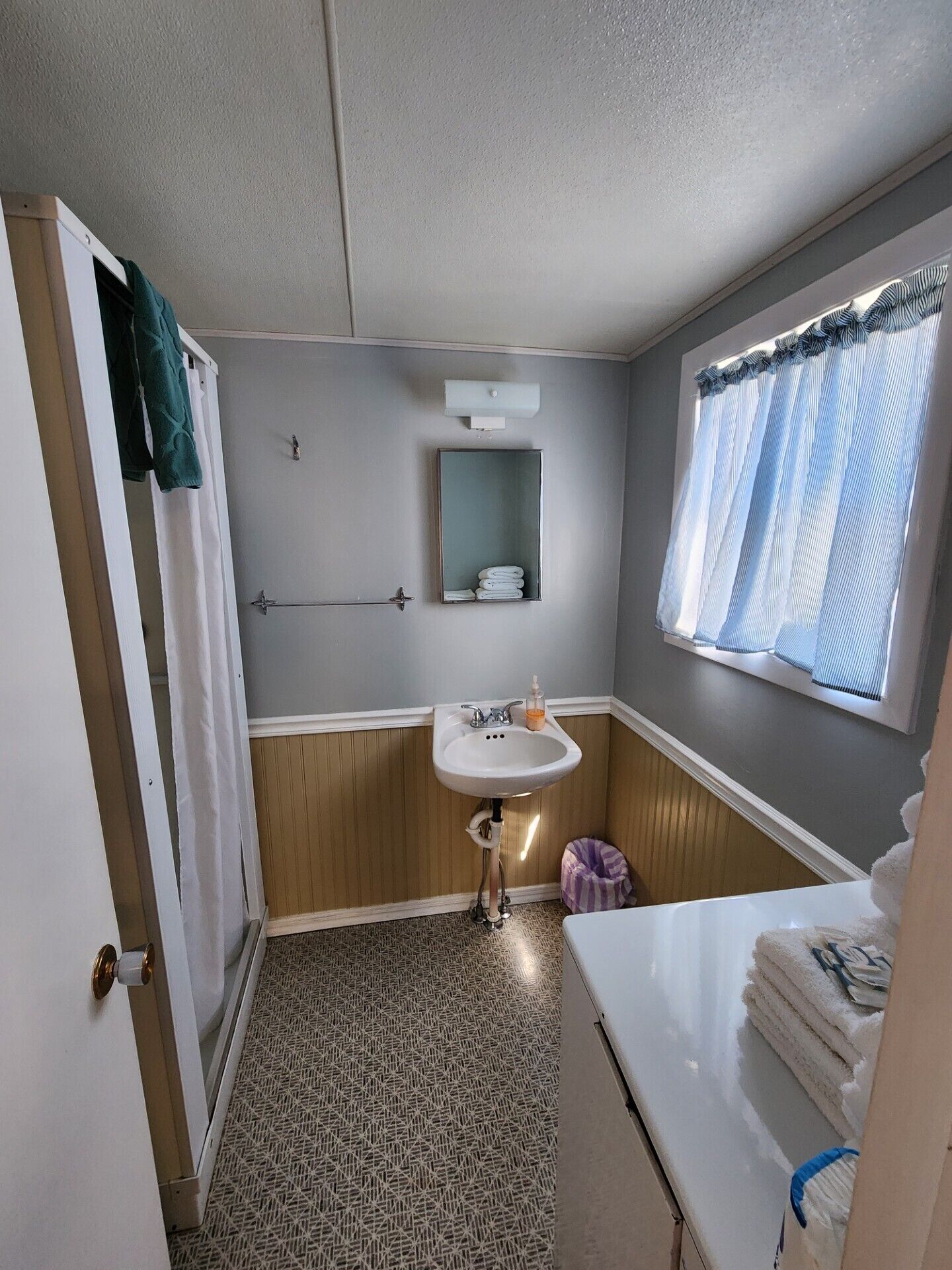 Shower, towels, toilet paper