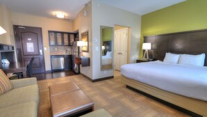 A hotel room with a bed, a sofa, a small table, a kitchenette, and a bathroom. - King Studio w/ Pond View | Free Breakfast + Pool (Knoxville)