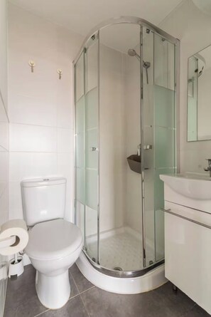 Et moderne badeværelse med en glasafskærmet brusekabine, toilet og et vaskeskab med spejl.