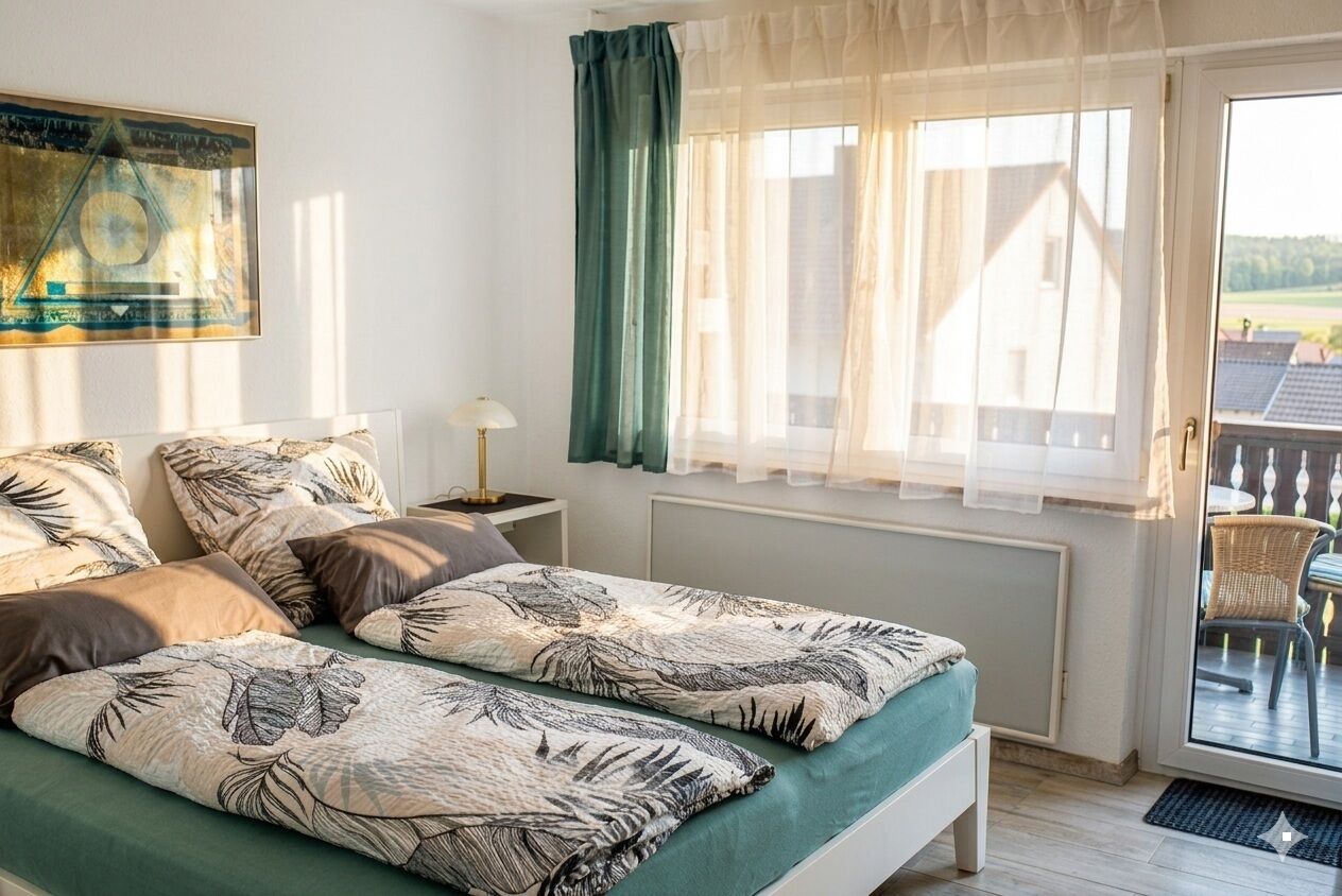 A bedroom with two beds, a window with sheer curtains, a radiator, and a view of a balcony.