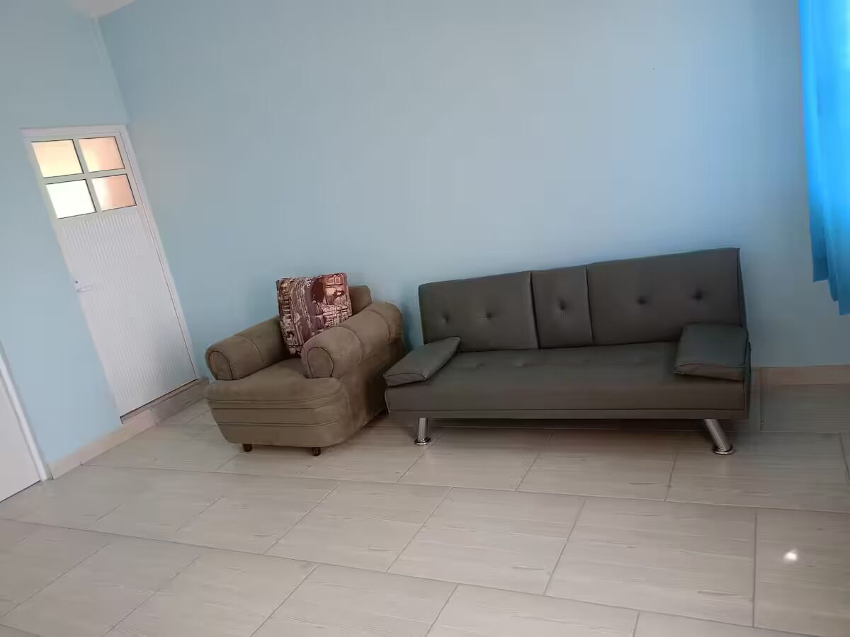 A room with a light blue wall, a grey sofa, and a patterned armchair.