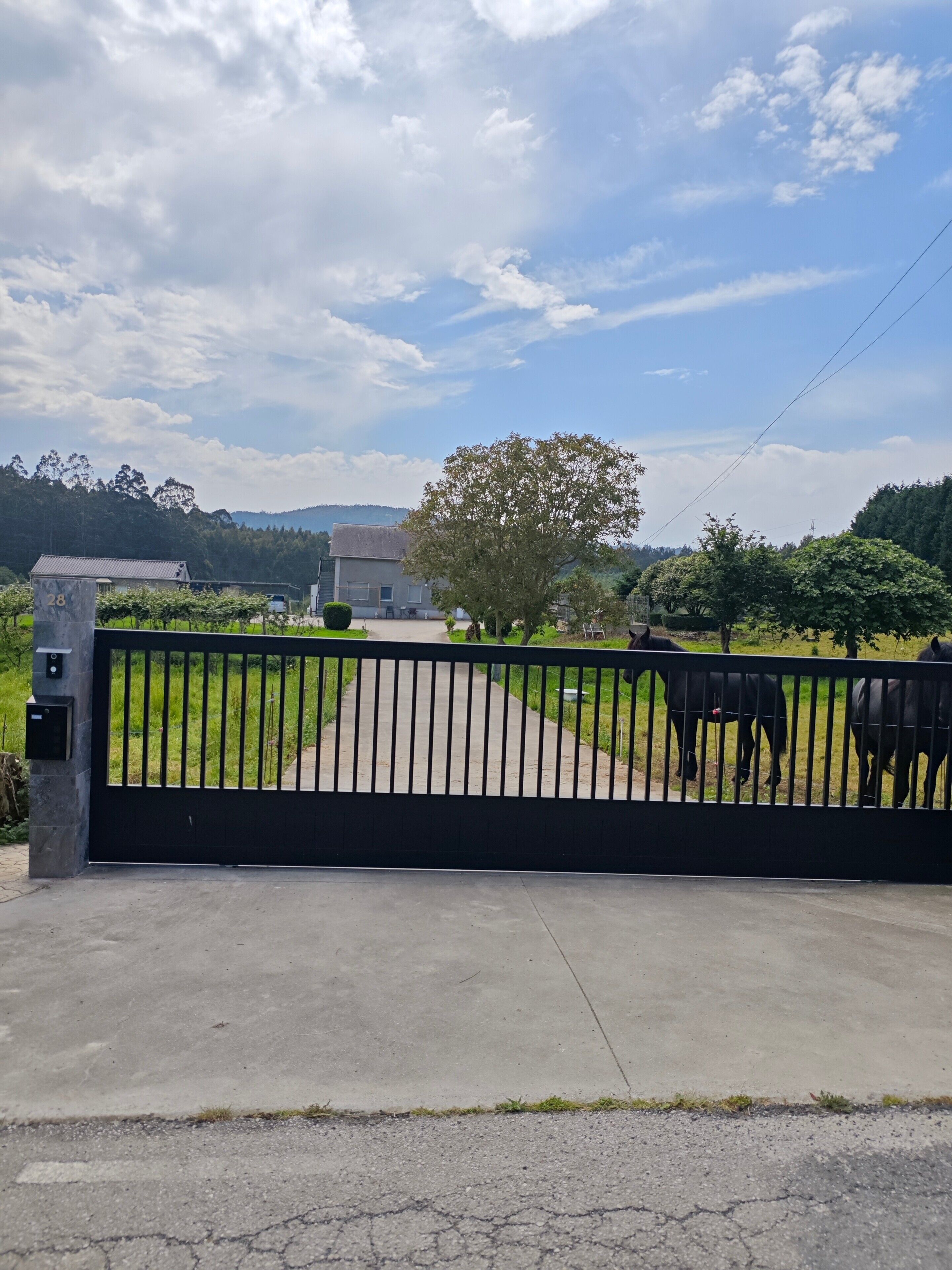 Propiedad amurallada con entrada pavimentada, edificio de techo de paja y caballos al fondo.