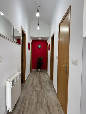 A hallway with a radiator, wooden doors, a red accent wall, a clock, and a potted plant.