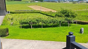 A balcony with a view of a green field, a dog, and a clear sky. - Apartment at Casa Rural La Pradera with Mountain Views, Garden, and Wi-Fi (A Espiñeira)