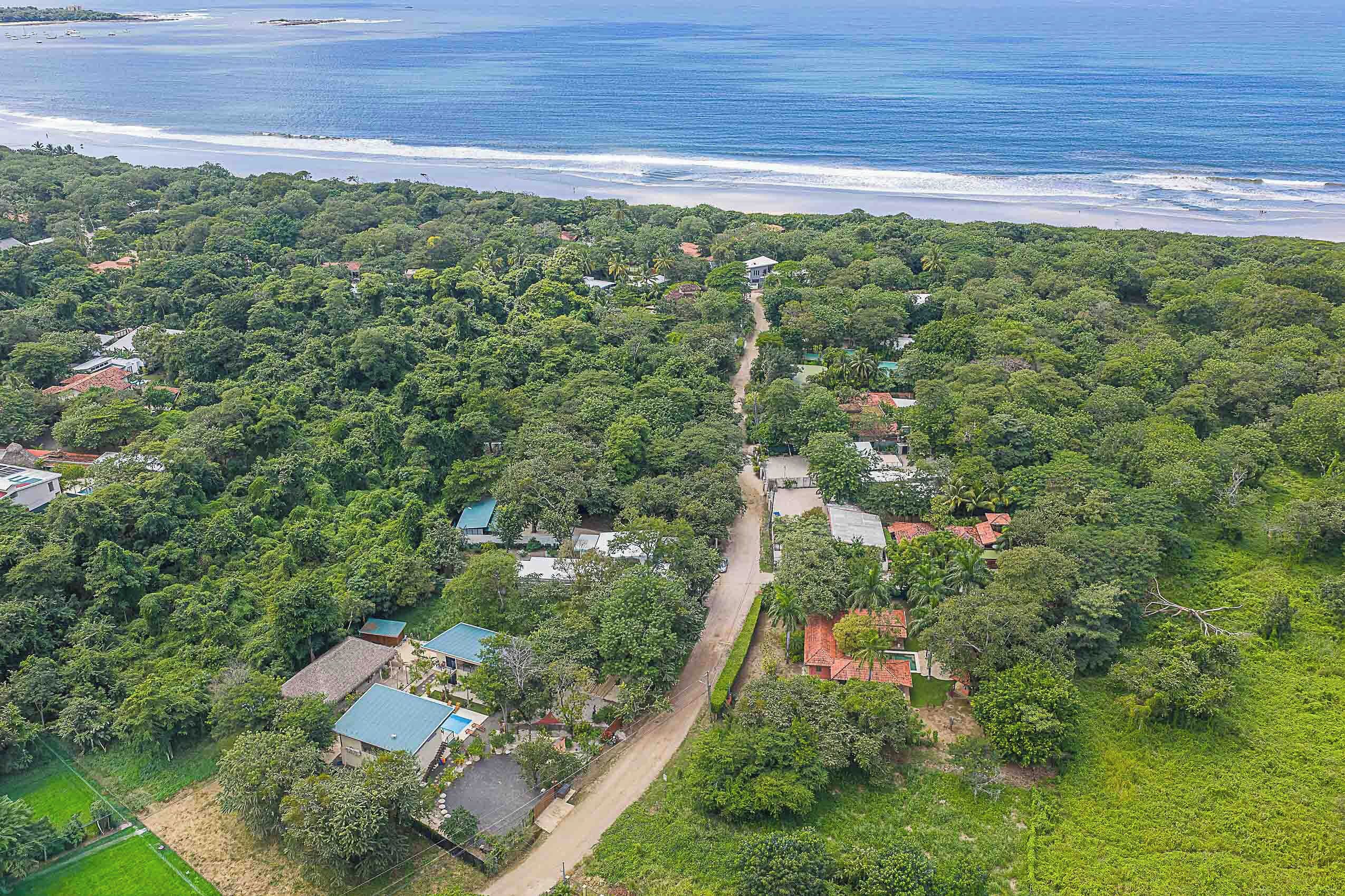 An aerial view of a coastal area with a narrow road leading to a cluster of houses surrounded by dense greenery.