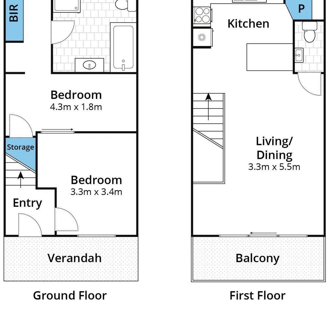 Dos plànols: Planta baixa amb dues habitacions, un bany, espai d'emmagatzematge, entrada, veranda i cuina; Pis superior amb un balcó, cuina i zona d'estar/menjador.