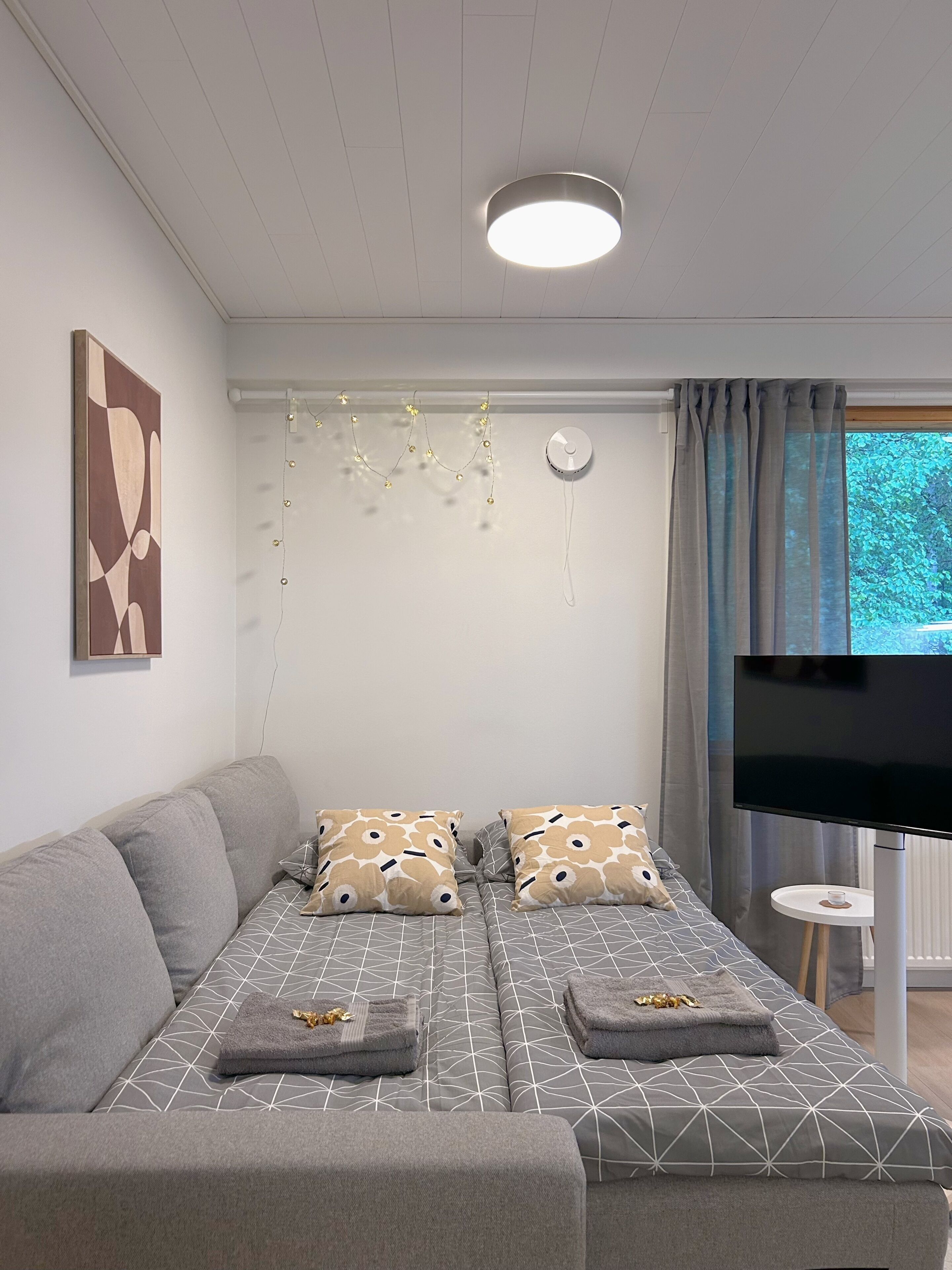 Een moderne woonkamer met een bank, kussens, een flatscreen televisie en een plafondlamp.