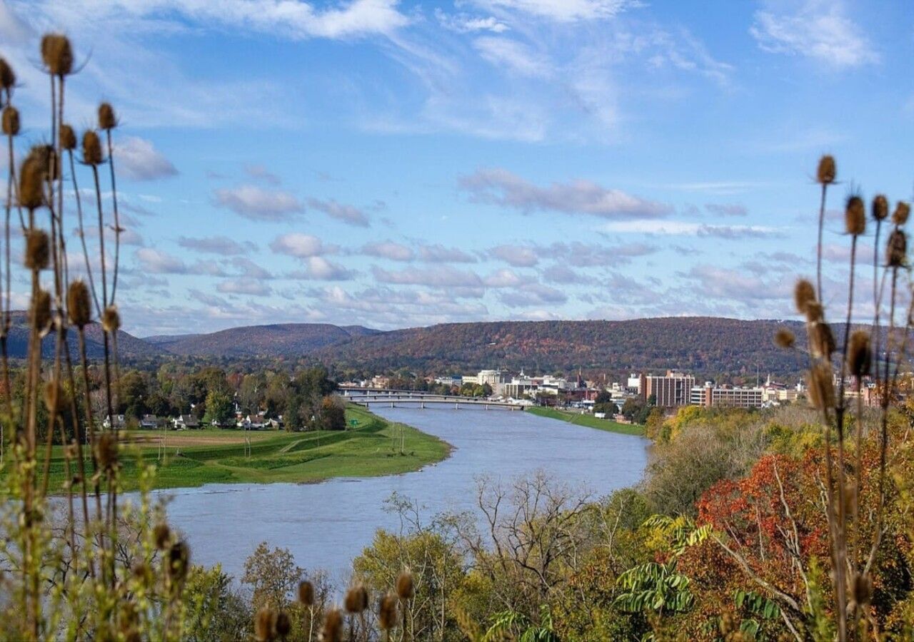 A river with a bridge, surrounded by greenery and hills in the background.