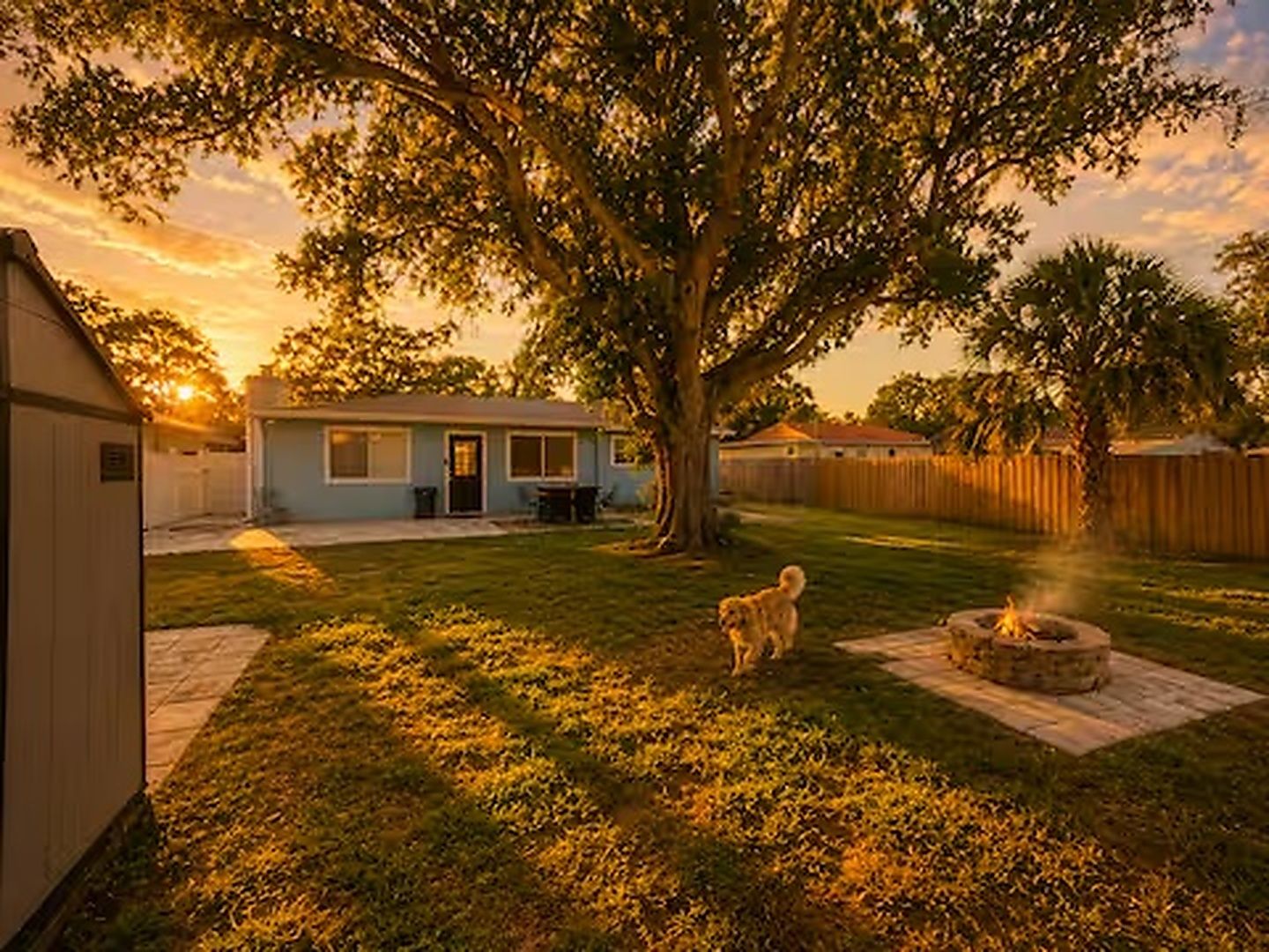 A residential backyard with a house, a tree, a dog, and a fire pit.