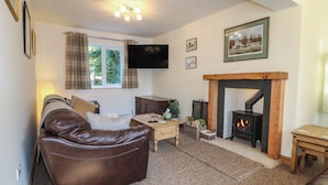 A living room with a leather sofa, a fireplace, a television, and a window with curtains. - Rockhurst Farm (Matlock)