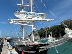 Un velero llamado 'TS ROYALIST' atracado en un puerto deportivo con otras embarcaciones, un cielo despejado y un fondo arbolado.