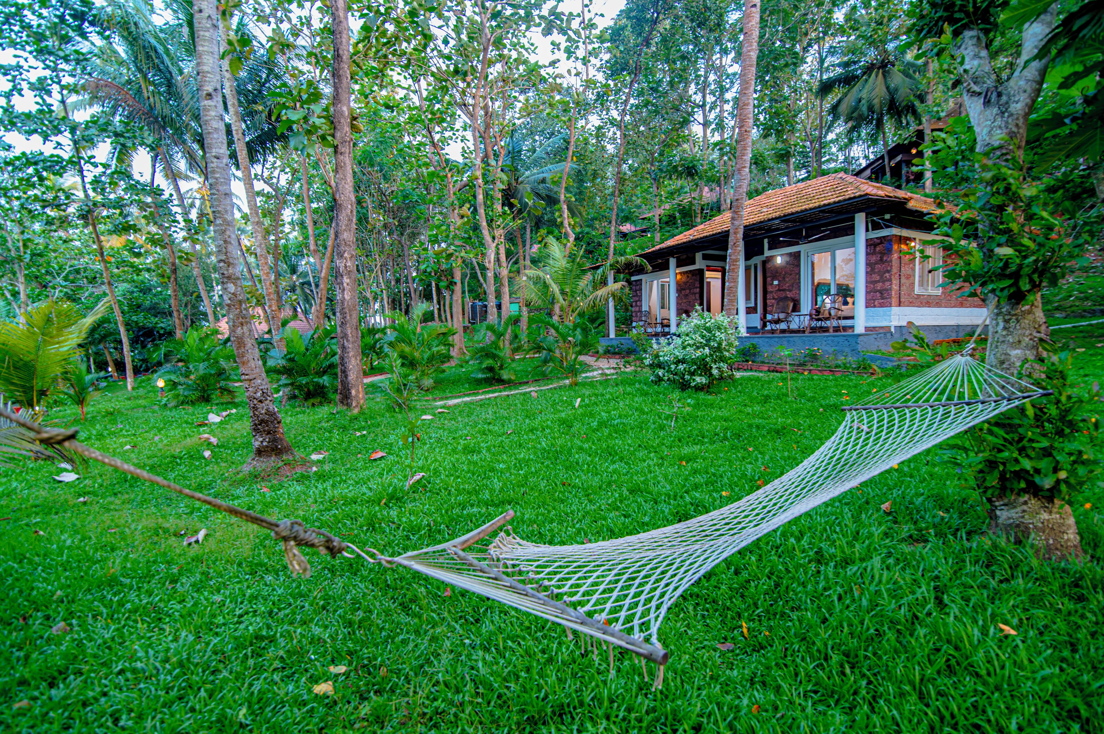 A hammock in a lush garden with a house in the background.