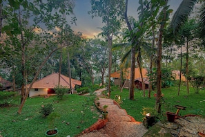 Un resort tropical con varias edificaciones tipo bungalow, un sendero de grava y exuberante vegetación.