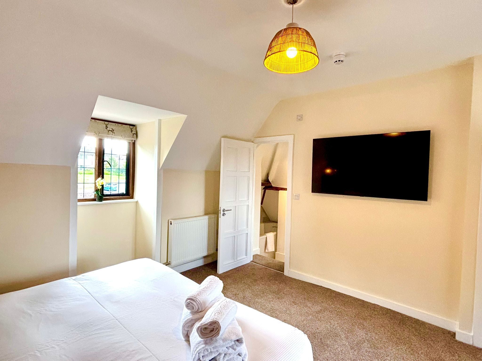 A bedroom with a bed, a TV mounted on the wall, a window with a view, and a ceiling light fixture.