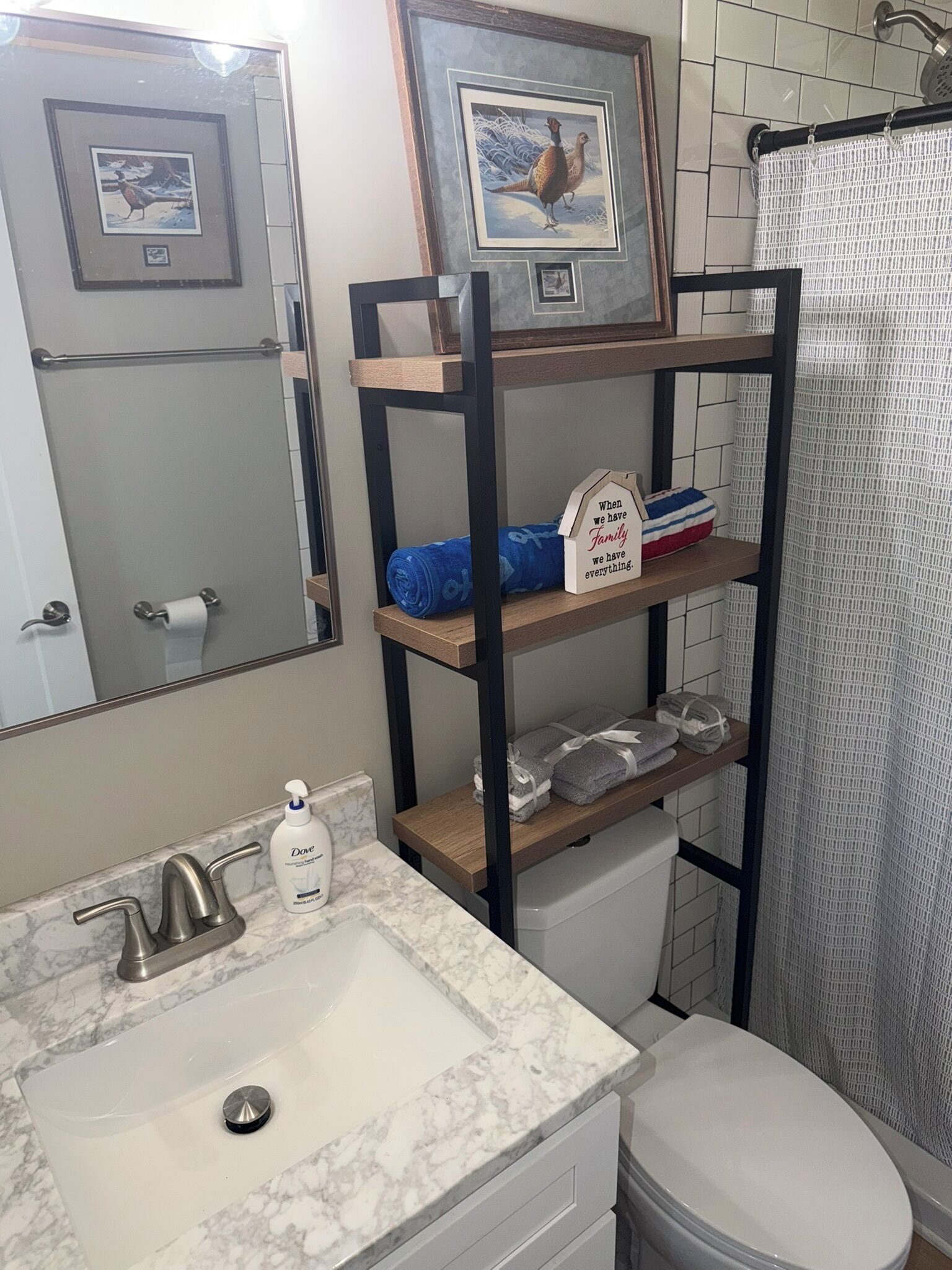 Shower, towels, soap, toilet paper