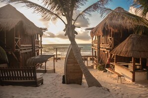 A beach with thatched-roof huts, wooden benches, and a palm tree.