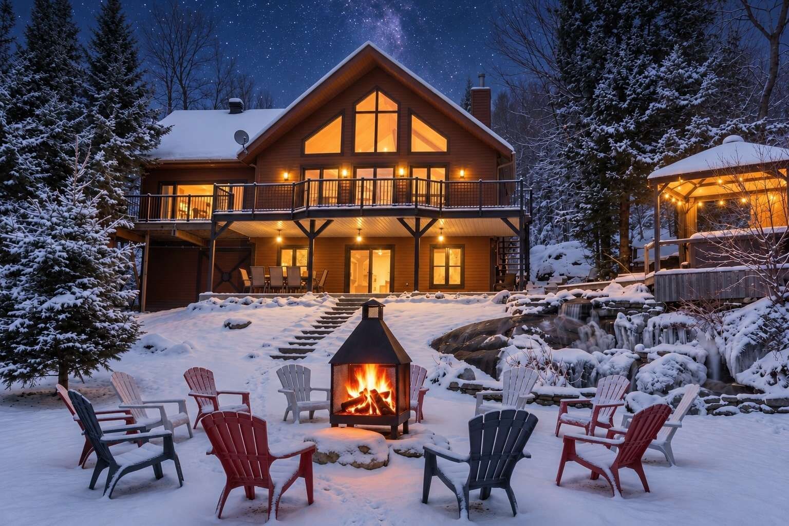 Una cabaña con chimenea, mobiliario exterior y un paisaje nevado.