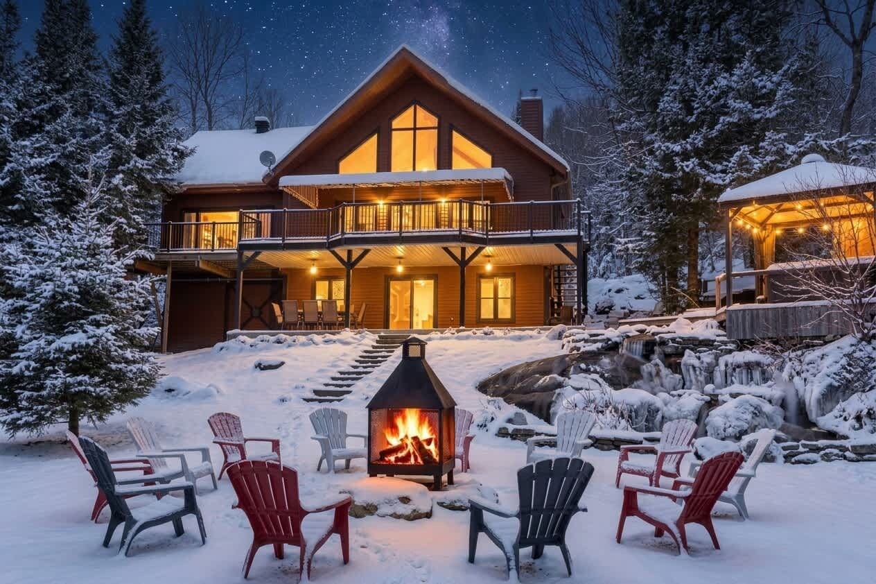 A lodge with a fireplace, outdoor seating, and a snowy landscape.