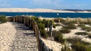 Una playa arenosa con una valla de madera, vegetación escasa y un cielo azul despejado.