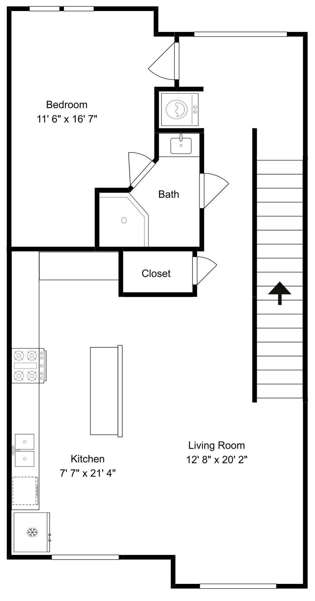Un plan d’étage comprenant une chambre, une salle de bain, un placard, une cuisine et un salon.