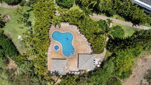 Vista aérea de uma propriedade com piscina, cercada por vegetação exuberante e palmeiras.