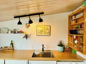 Cozinha com bancada de madeira, pia de aço inoxidável, luminárias pendentes, ilustração botânica emoldurada e armário de madeira com louças.