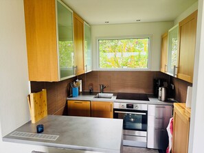 A modern kitchen with wooden cabinets, a stainless steel sink, a built-in oven, and a window with a view of greenery.