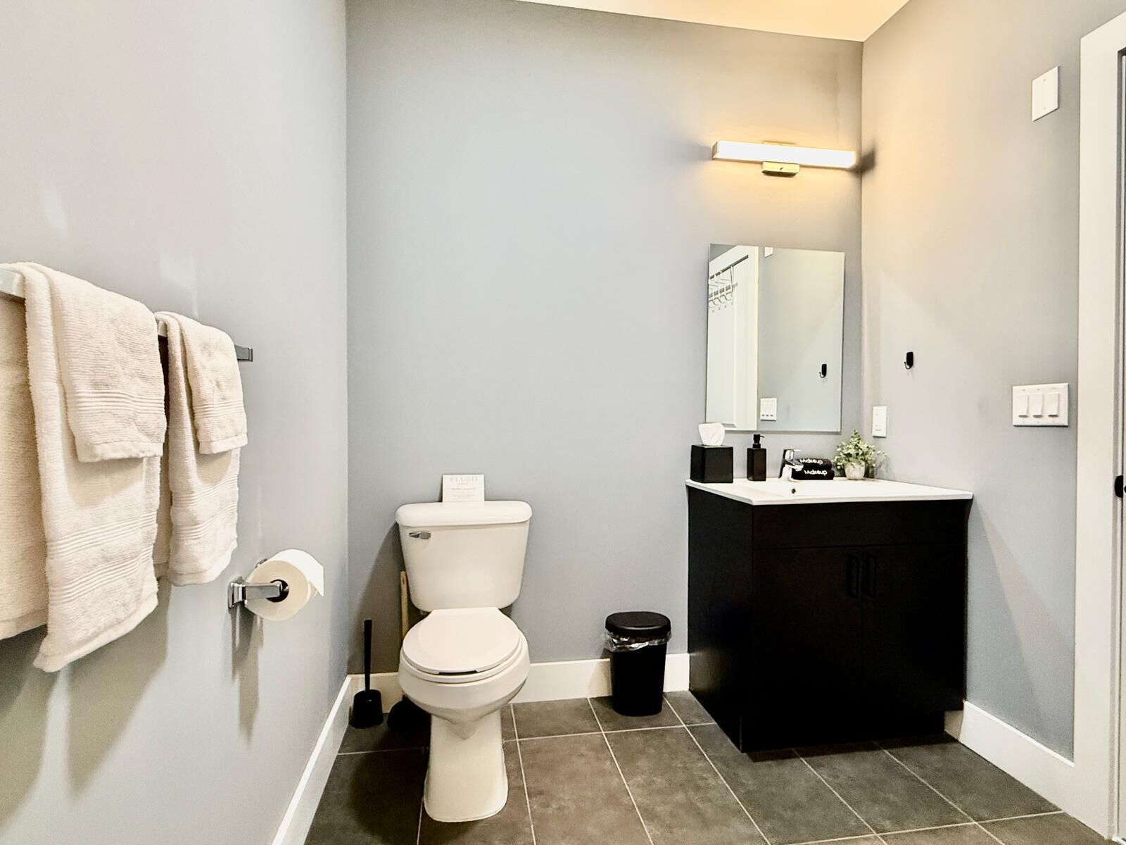 A modern bathroom with a toilet, sink, and mirror.