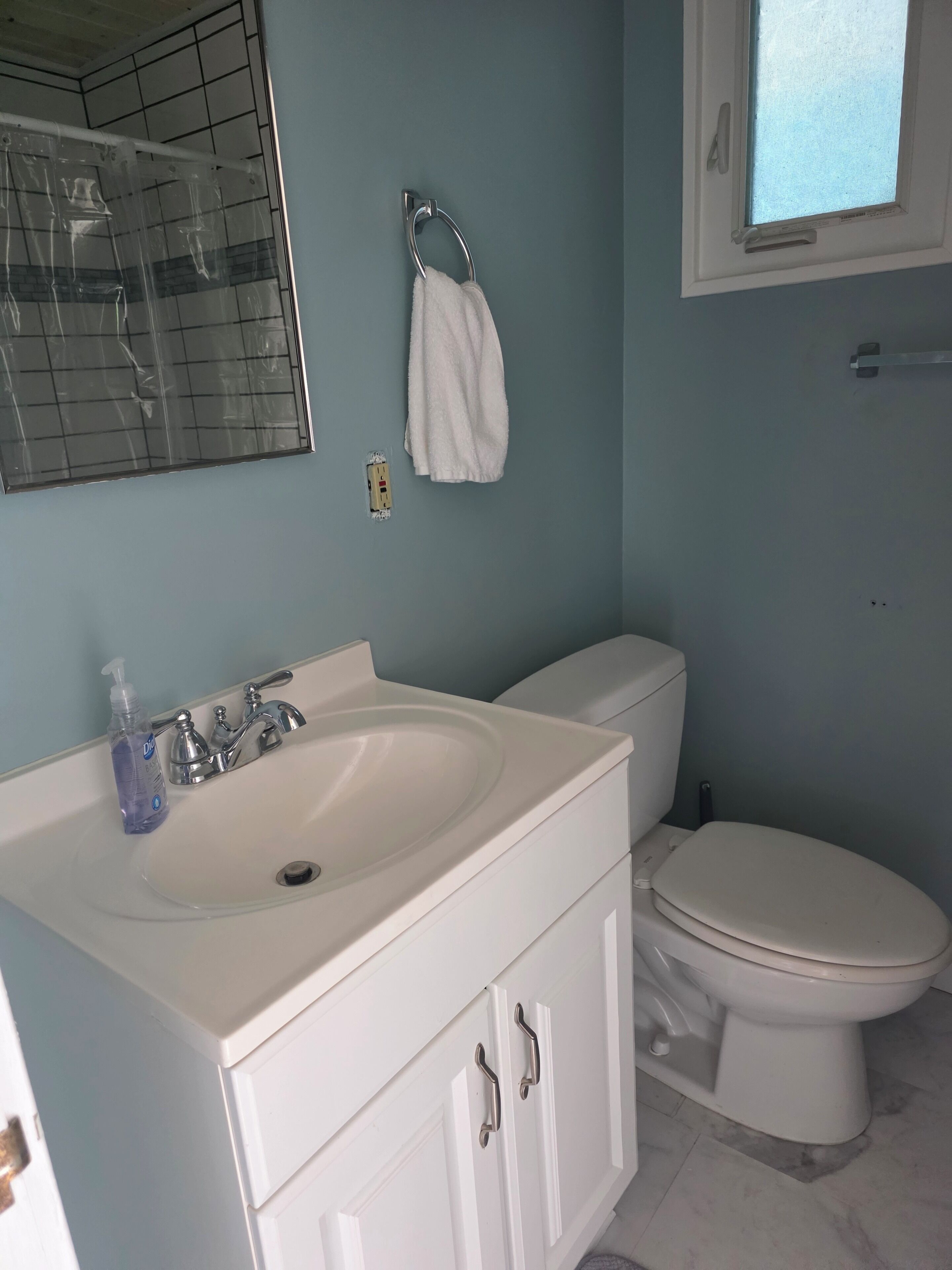Un bagno con un lavandino bianco, un water, uno specchio e un porta asciugamani.